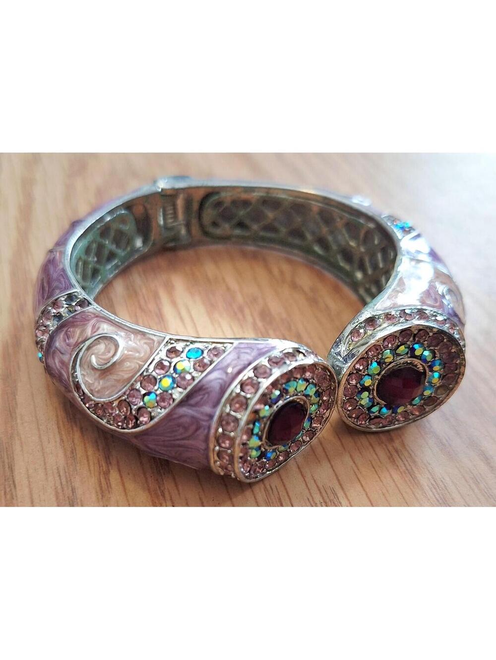 Vintage Evil Eye Chunky Rhinestone and Purple Enamel Hinged Clamper Bracelet